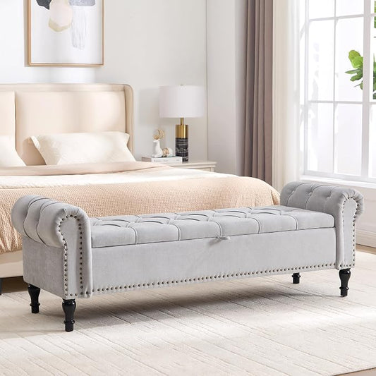 Storage Bed Bench for Bedroom, Chenille 67" End of Bed King Size Benches with Armrest, Tufted Button Upholstered Ottoman Bench for Living Room, Entryway, Silver Grey