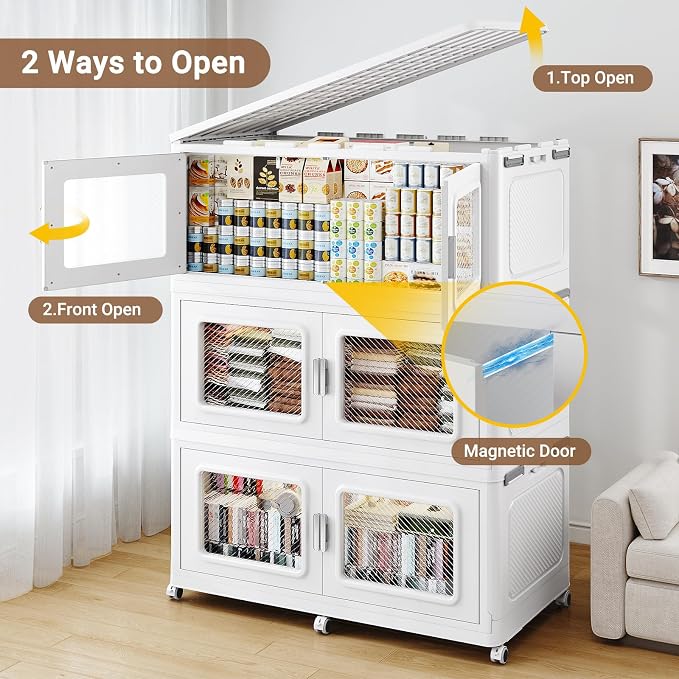 BROVIEW 1200 Qt/300 Gal Stackable Storage Bins with Lids, 4 Pack, White | Large Stackable Storage Boxes w/ 1 Lid Folding Plastic Cart Organizer for Home Kitchen, Open Front Clear Door with Wheels