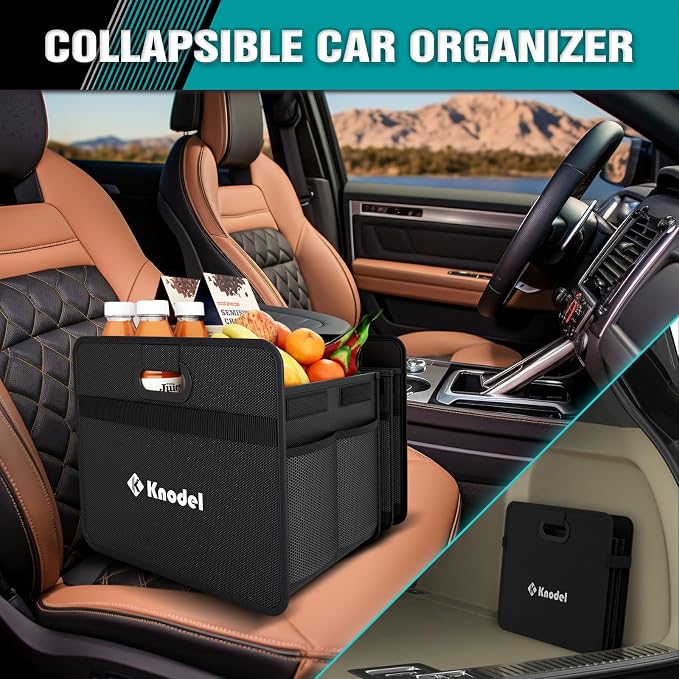 K KNODEL 3 Compartments Trunk Organizer for Car and Suv (Large, Black) | Collapsible Car Storage Organizer, Car Organizers and Storage for Sedan, Cargo Organizer, Car Bin, Basket,Bag, Organization