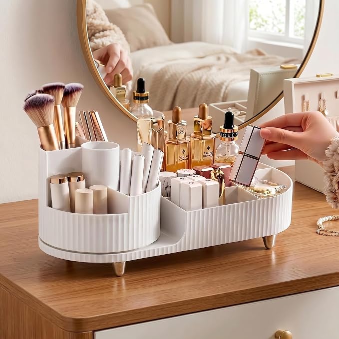 Booklov Rotating Makeup Organizer for Vanity Countertop, White | Plastic Cosmetic Display Case, Large Beauty Brush Holder for Bathroom Counter, Skin Care Perfumes Storage