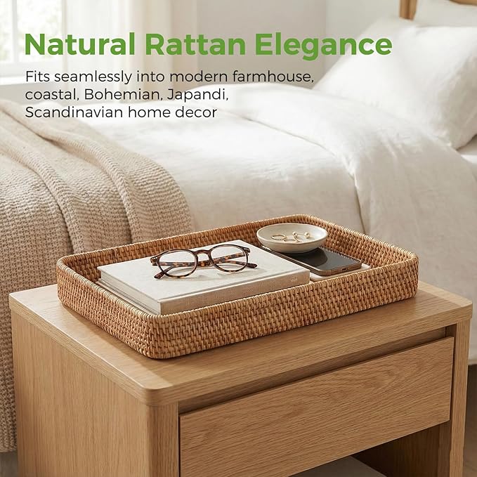 Rattan Serving Tray, Rectangle Wicker Storage Basket for Organizing | M(14.6" × 9.1"), Natural Rattan, Decorative Woven Trays Wicker Baskets for Storage, Home Decor, Bathroom, Kitchen Counter