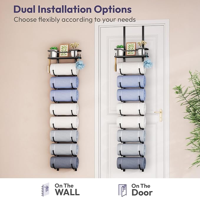 SWTYMIKI Over the Door Towel Rack - 9 Tier Towel Racks for Bathroom Wall Mounted, Towel Holder with Shelf, Hanging Rolled Towel Storage Organizer for Small Bathroom, Camper, RV, Black