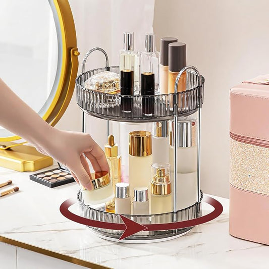 INVSSENE 360° Rotating Makeup Organizer, Bathroom Make Up Spinning Holder Rack, Large Capacity Cosmetics Storage Vanity Shelf Countertop, Fits Cosmetics, Perfume, Skincare, Lipsticks(2 Tiers, Gray)