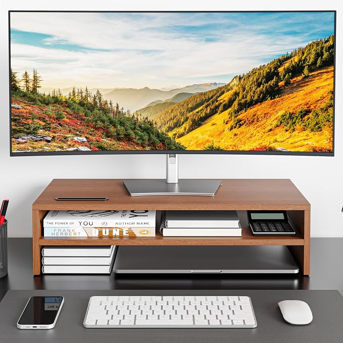 BONTEC Wood Monitor Stand Riser, 2-Tier Desktop Organizer | Ergonomic Computer Stand for Desk, Cable Management, Cellphone Holder, 21.3 Inch Shelf, Walnut