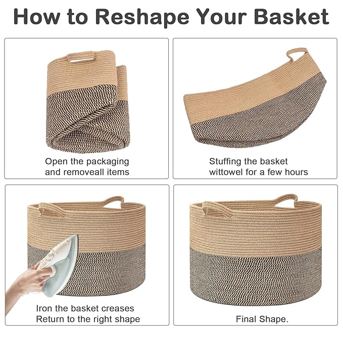 90L Extra Large Blanket Basket,Woven Rope Laundry Basket-Light Grey | Collapsible, reinforced handles, nursery storage bin organizes clothes, toys and pillows for living room, bedroom bathroom