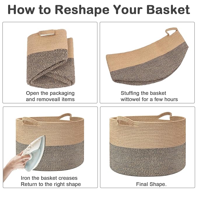 90L Extra Large Blanket Basket,Woven Rope Laundry Basket-Dark Grey | Collapsible, reinforced handles, nursery storage bin organizes clothes, toys and pillows for living room, bedroom bathroom.