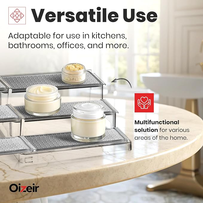 Oizeir Expandable Spice Organizer Rack - 3-Tier - Clear Adjustable Tiered Shelf Spices Organization for Kitchen Cabinet and Pantry Storage