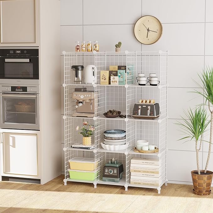 12-Cube Storage Organizer Metal Wire Shelf for Closet Office White | Sturdy 11.8" metal wire grid, modular snap-together, tool-free. Versatile for bedroom, closet, office, craft, entryway.