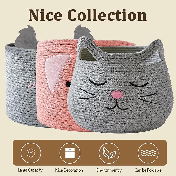 VK VK·LIVING Animal Baskets Large Woven Cotton Rope Storage with Cute Pig Design and Handles, Laundry Organizer for Towels, Blanket, Toys, Clothes, Gifts, Toy Box, Gift for Pet or Baby 15"D x 14"H