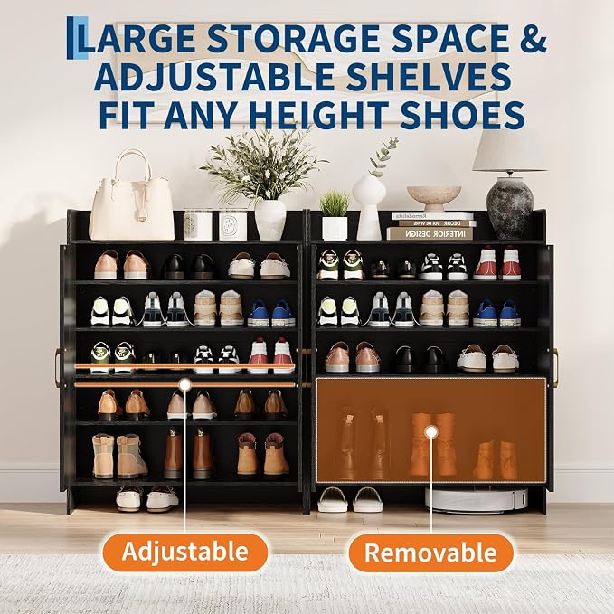Garvee Shoe Cabinet Storage for Entryway, Rattan Storage Cabinet, Wooden Shoe Rack with 2 Doors, Farmhouse Boho Wood Shoe Organizer Cabinet for Entrance Hallway Living Room Foyer