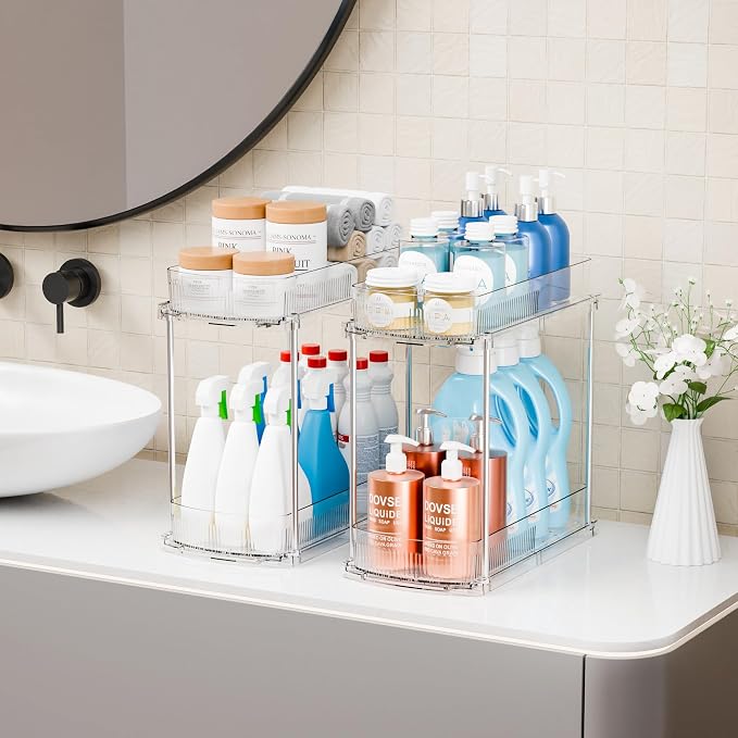 3 Pack 13.8″ Deep 2 Tier Under Sink Storage Organizer,Large Pull Out Bathroom Organizers and Storage,Slide Out Acrylic Undersink Storage Shelf,Kitchen Under Sink Organizer for Cleaning Products