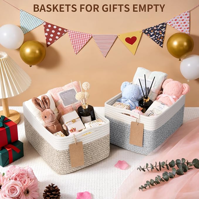 Goodpick 4 Pack Cotton Rope Storage Baskets for Shelves, Brown & White | 13" x 8" x 6", Rectangle, Woven Texture, Baby Toys, Diapers, Nursery Essentials, Decorative Gifts & Home Organization