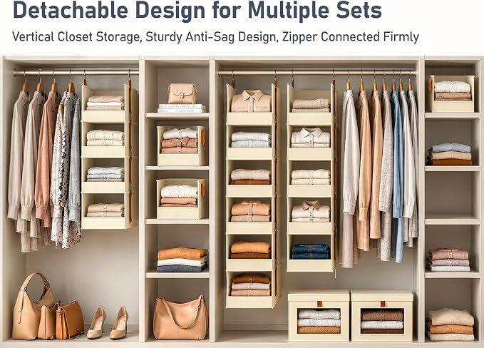 DIMJ Hanging Closet Organizer - 6-Tier Modular Hanging Shelves with Zippers Hooks, Collapsible Baskets for RV, Dorm, Small Spaces, Fabric Storage Bins for Clothes, Handbags