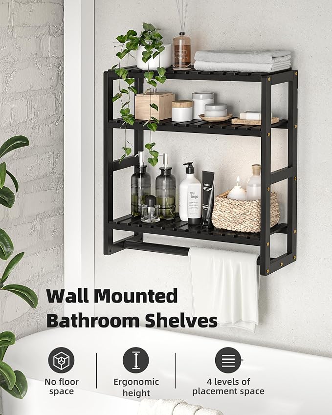 Galood Over The Toilet Storage Bathroom Shelves Wall Mounted 3 Tier Space Saver Corner Shelf Organizer Bamboo Towel Rack Toilet Paper Cabinet with Hanging Rod Black