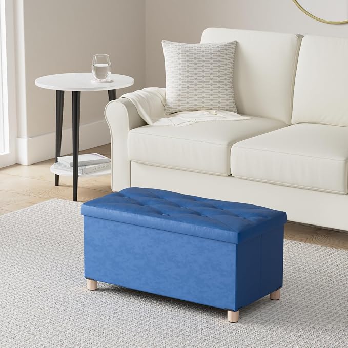 BRIAN & DANY 30 Inches Folding Storage Ottoman Bench, Ottoman with Storage for Living Room, with Wooden Feet and Lid, Blue