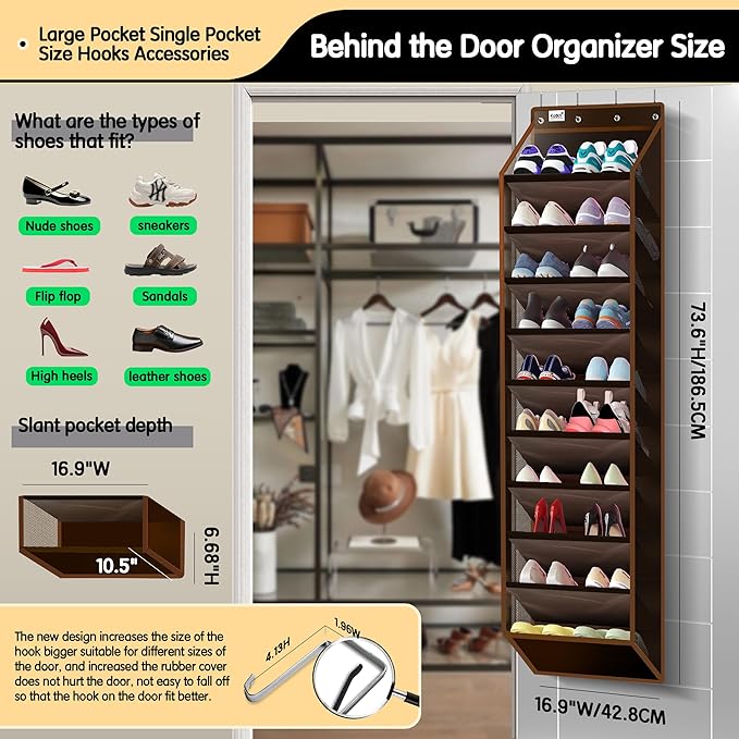 Kotkn 10 Tier Over The Door Organizer - Heavy Duty Hanging Storage Rack with Sturdy Oxford Fabric, Holds 20+ Pairs of Footwear, Boots & Sneakers, Saves 50% Closet Space (Dark Curry)