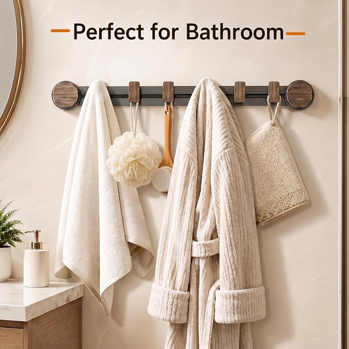 Sindax Suction Cup Wall Coat Rack, No Drill Coat Hooks with 6 Adjustable Hooks, Reusable Wall Mounted Rack for Entryway, Bathroom, Grey