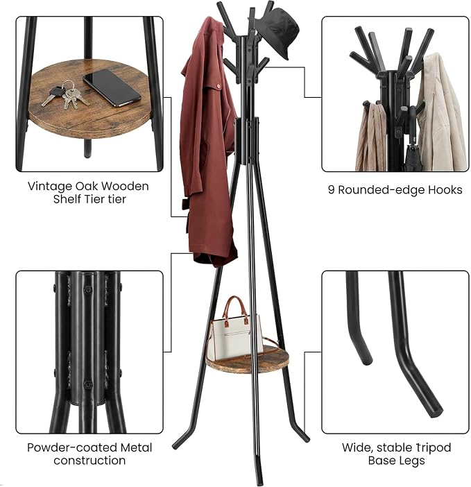 Simple Houseware Freestanding Coat Rack with Shelf, 9 hooks, Black