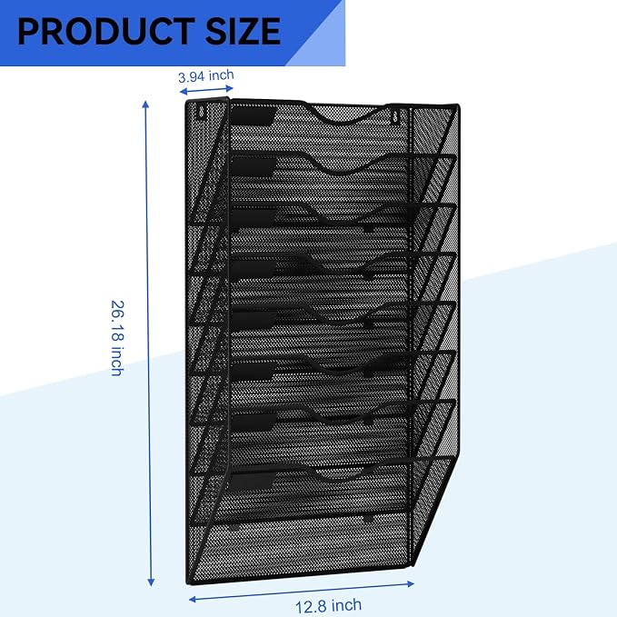 8 Pockets Hanging Wall File Organizer Mail Holder, Wall Mounted Paper Document Folder Holder, Clipboard Storage Organization Magazine Rack, Black