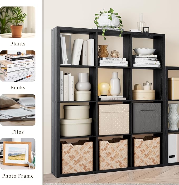 VDNEND Cube Storage Organizer Bookcase, Decorative 11 inch Open Back Cubical Shelf with Thickened Border, Display Bookshelf for Living Room, Home Office, Sturdy Room (Black, 12 Cube)