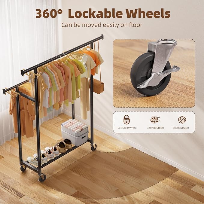 Simple Trending Clothes Rack, Double Rods Clothing Rack with Shelf, Black | Metal Garment Rack, Portable Wardrobe Closet, 360° Lockable Wheels, Multifunctional Use, Bedroom, Laundry Room