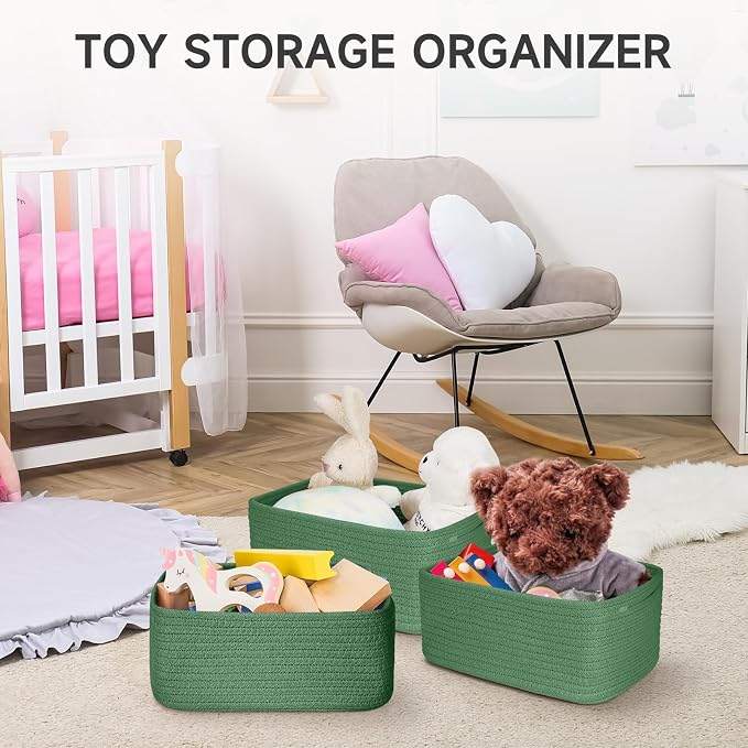 3-Pack Shelf Baskets for Organizing, Closet Organizer Bins, Small Woven Baskets, Rope Toy Basket, Storage Basket for Shelves, Cube Decorative Box, 11.8×7.8×5.1”, Green