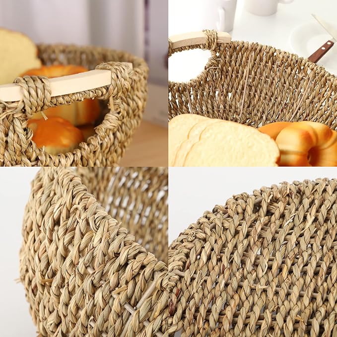 13.39" Seagrass Woven Round Basket with Wooden Handles, Handwoven Bread Basket & Fruit Bowl for Kitchen Counter, Natural Wicker Storage Basket for Bread, Vegetables, Household Organizing