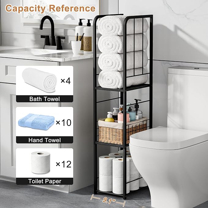 KIMBORA Narrow Towel Storage for Bathroom, 3-Tier Free Standing Bathroom Towel Organizer with Shelf for Small Bath, Pool, Black