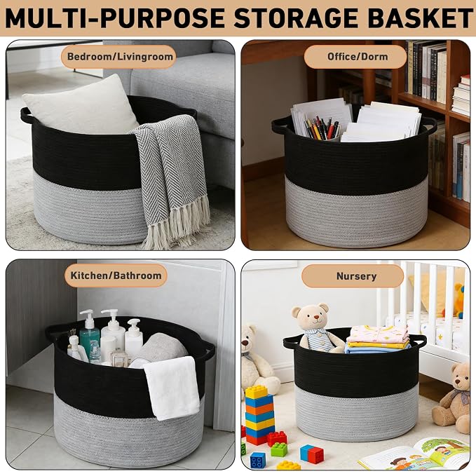 90L Large Blanket Basket,Woven Laundry Basket-Black&Light Grey | Collapsible, reinforced handles, nursery storage bin organizes clothes, toys and pillows for living room, bedroom bathroom