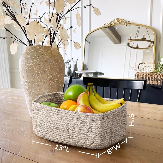Goodpick 3Pack Rope Storage Baskets for Shelves Organizing, 13 x 8 x 5 in | Woven Baskets for Closet Fit Bedroom Lving Room, Small Baskets for Gift Empty, Dog Toy Basket for Pets, White & Light Gray