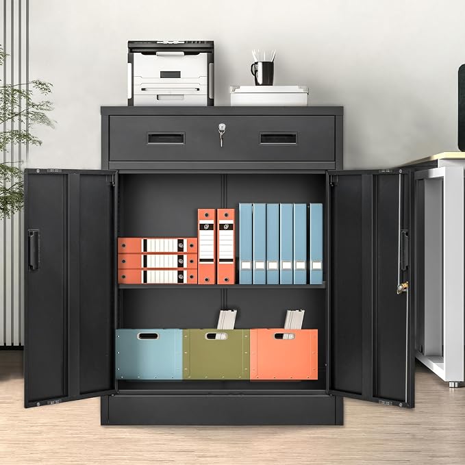 Wanfu Metal Storage Cabinet, 36" H x 28" W x 16" D Locking Cabinet with 1 Drawer and Adjustable Shelf, Metal Cabinets for Office, Garage, Home-Black