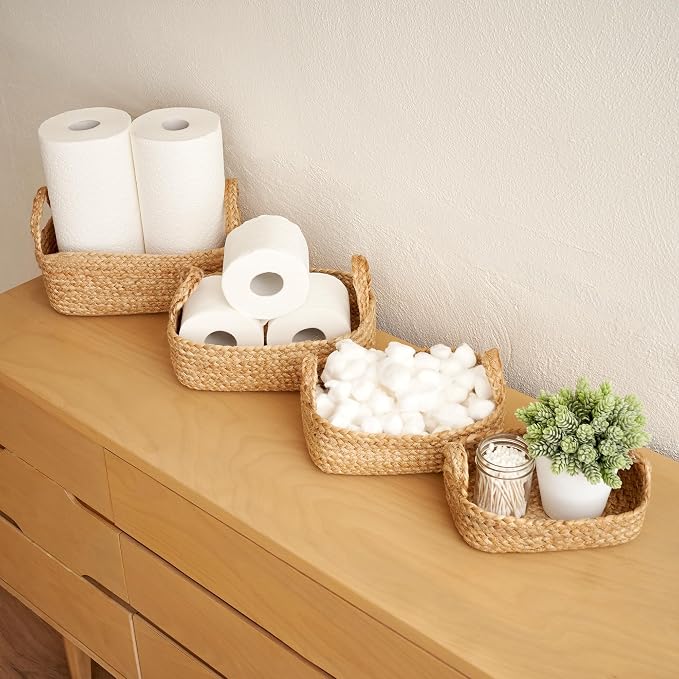 Beautiful Storage Basket Set of 4 - Natural Jute Rope Baskets for Shelves Are Perfect for Organizing Your Home - Quality Storage Bins Easily Fit With Any Nursery or Bedroom Decor