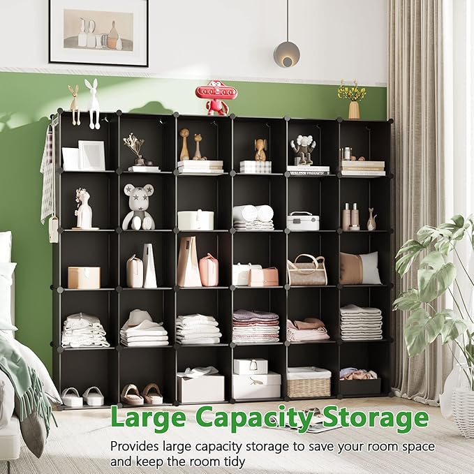 C&AHOME 30-Cube Shelf, Plastic Cube Storage Organizer, DIY Bookshelf Black | Stackable Modular Closet Cabinet Ideal for Bedroom, Living Room, Office, 60.6" L x 12.4" W x 72.6" H