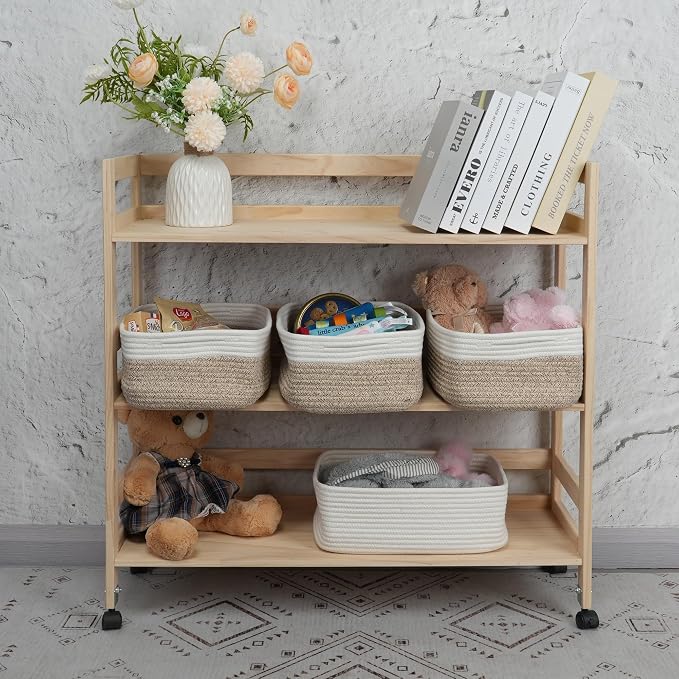 XUANGUO Small Woven Storage Baskets for Shelves, 13" x 9" x 5", White/Brown | Decorative rope storage bins for closets and toy storage; cute organizer baskets, empty gift baskets and nursery storage.