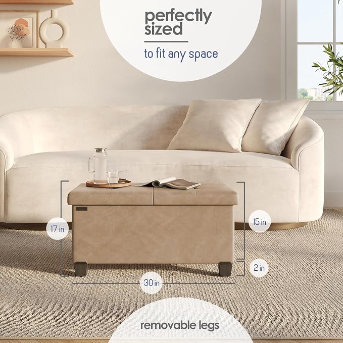 Storage Ottoman Bench with Bins, 30-in Storage Bench for Bedroom End of Bed, Folding Foot Rest Ottoman for Living Room Max 660lbs, Leather Ottomans, Taupe