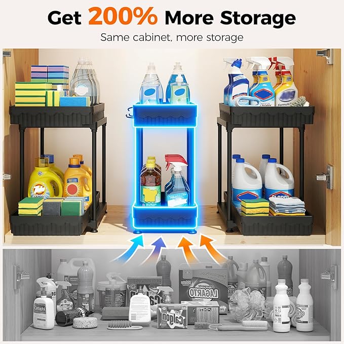 Sevenblue 3-Pack 2-Tier Under Sink Organizers with Sliding Drawers | Multi-use kitchen & bathroom storage, 14.8 inch 2-Tier Sliding cabinet organizer, space-saving sliding drawer design.
