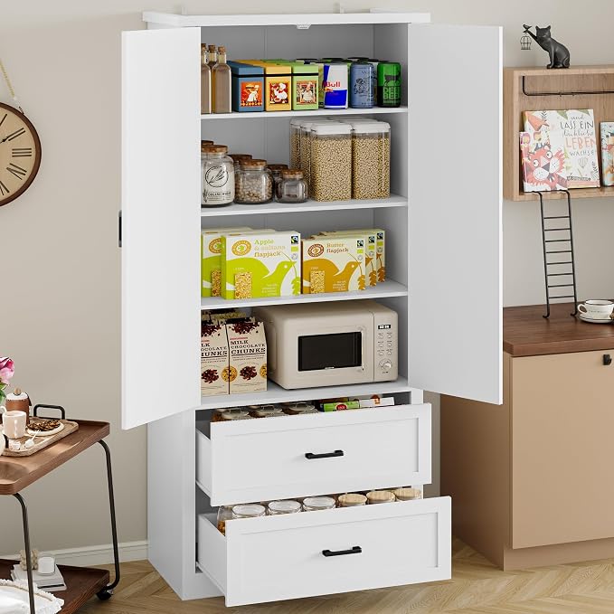 BORNOON Pantry Organizers and Storage Cabinet, 71” Barn Door White Kitchen Cabinet with Drawers and Adjustable Shelf, Tall Pantry for Kitchen, Dining Room, Living Room. Bathroom and Office
