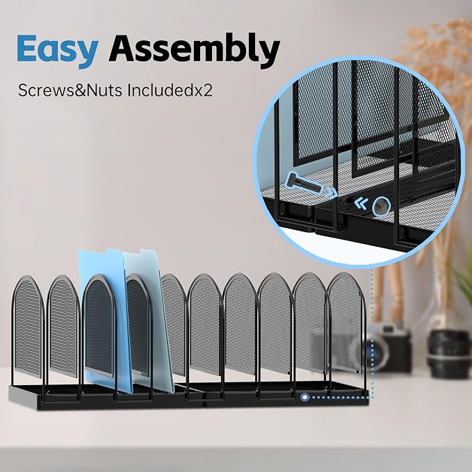 SUPEASY 9-Section File Organizer for Desk, Metal File Folder Holder, Black | 9 Vertical Compartments with Sturdy Metal Base for Office Documents Books Magazines and Laptop