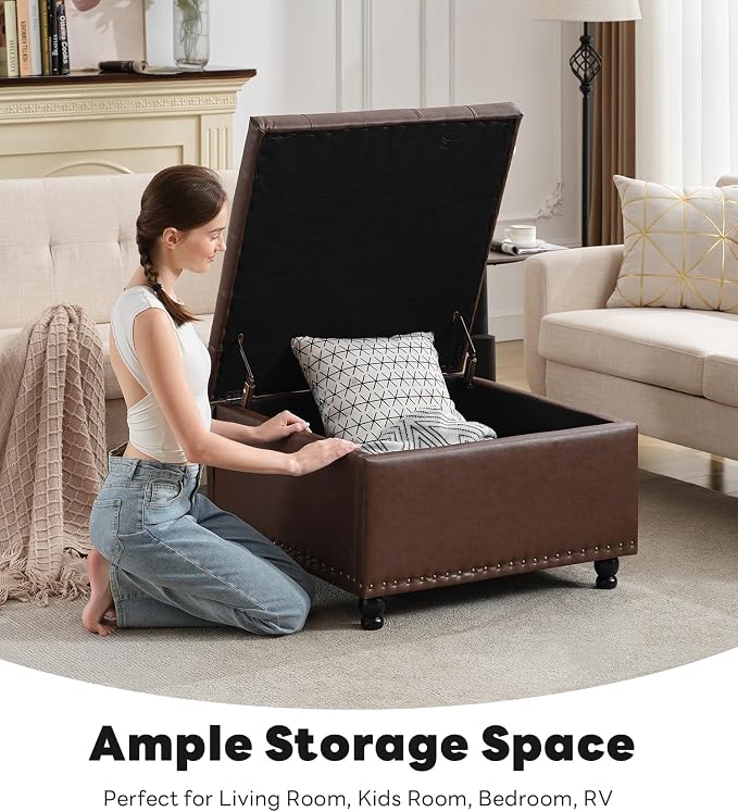 Tbfit Large Square Storage Ottoman Bench, Button Tufted Upholstered Coffee Table Ottoman with Wooden Legs, Oversized Storage Ottomans Toy Box Footrest for Living Room, Brown