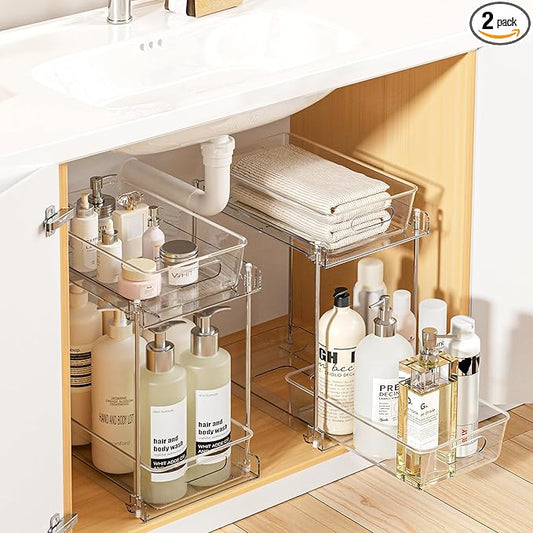 Vtopmart 2 Pack Taller Pull Out Bathroom Under Sink Organizer (S-Higher) | Slide-out drawers, Multi-purpose storage, Clear visibility, Easy Set-up