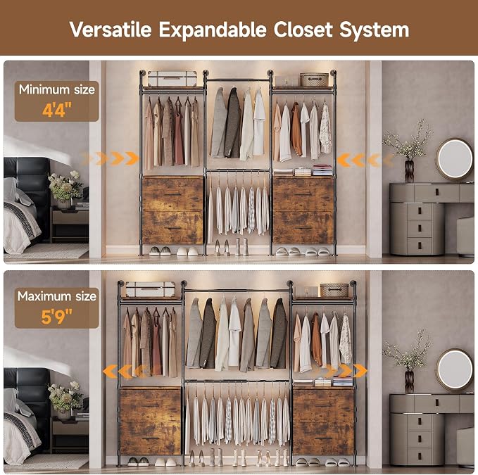 ONBRILL T4 Wall Mounted Closet System, Industrial Pipe Clothing Rack with 8 Wooden Shelves, 4 Drawers & 4 Hanging Rods (2 Expandable), Heavy Duty Closet Organizers and Storage System (Rustic Brown)