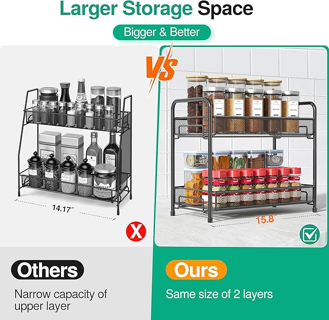 Spice Rack Organizer for Countertop 2 Pack, 2-Tier Counter Foldable Metal Standing Large Seasoning Storage Shelf for Kitchen Cabinet Bathroom Living Room Pantry Office, Black