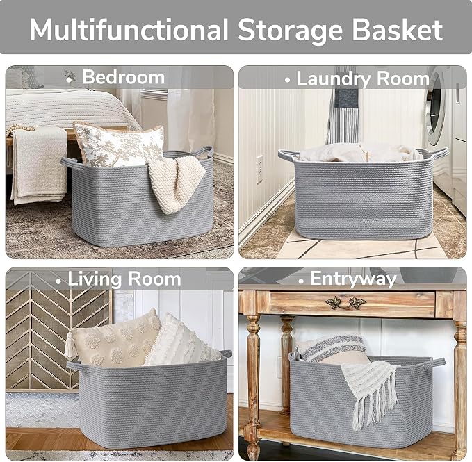 Goodpick Large Toy Storage Basket, Woven Rope Organizer, Gray | 21.6 x 14.9 x 11.8 in, Reinforced Handles, Living Room, Bedroom & Nursery Organization, Toys, Blankets & Towels Storage