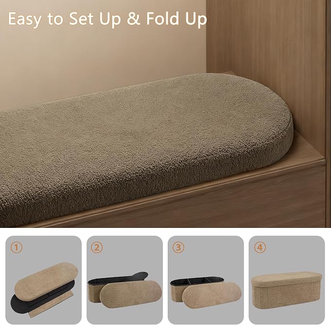 GLAXYFUR Oval Ottoman with Storage for Living Room, Sherpa Bench, Brown | 43.3 Inches Folding Chest, Foot Rest, End of Bed Bench for Bedroom, Hallway