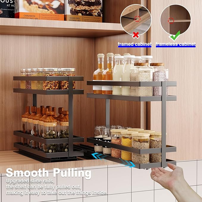 Mustorn 2 Pack Pull Out Spice Rack Organizer for Cabinet, 2 Tier Metal Slide Out Seasoning Organizer and Storage Heavy Duty Vertical Spice Rack Shelf Pullout for Kitchen Cabinets No Drilling (Black)