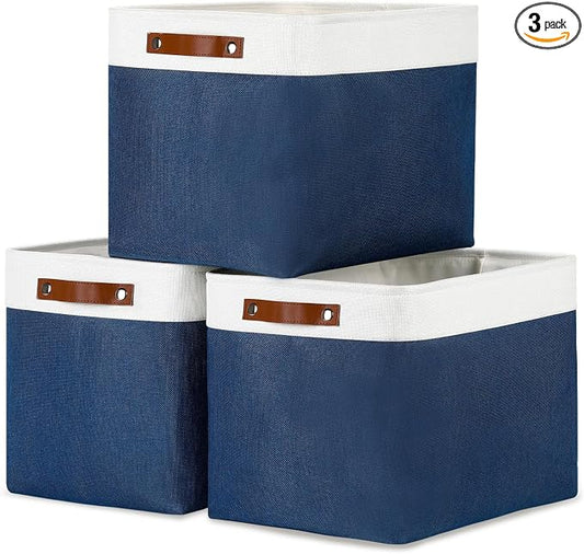 DULLEMELO Large Storage Baskets with Leather Handles for Linen Closet and Home Office, Decorative Baskets for Toys Storage (White & Blue)