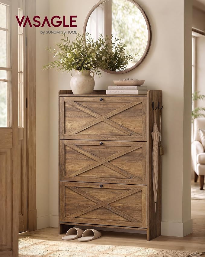 VASAGLE Shoe Storage Cabinet Organizer with 3 Flip Drawers, Freestanding Narrow Shoe Rack Cabinet for Entryway, Farmhouse Style, Fits 14 to 16 Pairs, Rustic Brown UHSC303KB01