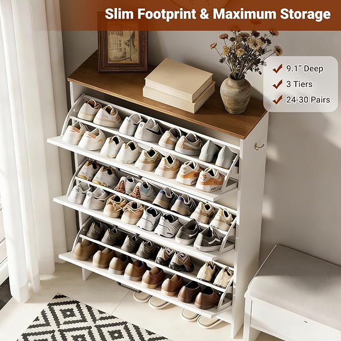 Shoe Cabinet for Entryway, 3 Flip Drawers Shoe Storage Cabinet with 3-Tier Adjustable Shelves, Ultra Slim 9.1" Depth Holds Up to 30 Pairs, Freestanding Hidden Shoe Organizer with Barn Door Design