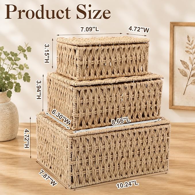 3 Pack Wicker Storage Baskets with Lid, Decorative Woven Organizer Boxes, Shelf Stackable Container Bin, 3 Size Boho Home Decor for Bedroom Living Room Organization (10.2", 8.6", 7")