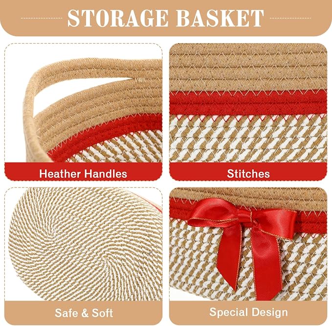 Colingmill 1 Set Woven Empty Basket for Gift,Brown Red | with Cellophane Wrap Set, 14 x 10 x 5.5 Inch, Medium Decorative Gift Basket, Cotton Rope Storage Box, Home Decor